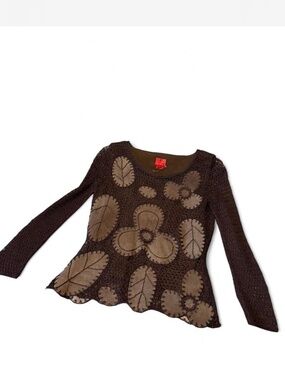 Very Vera Brown Crochet Lined Top • Suede Leaf Applique Whimsigoth Fairy S
